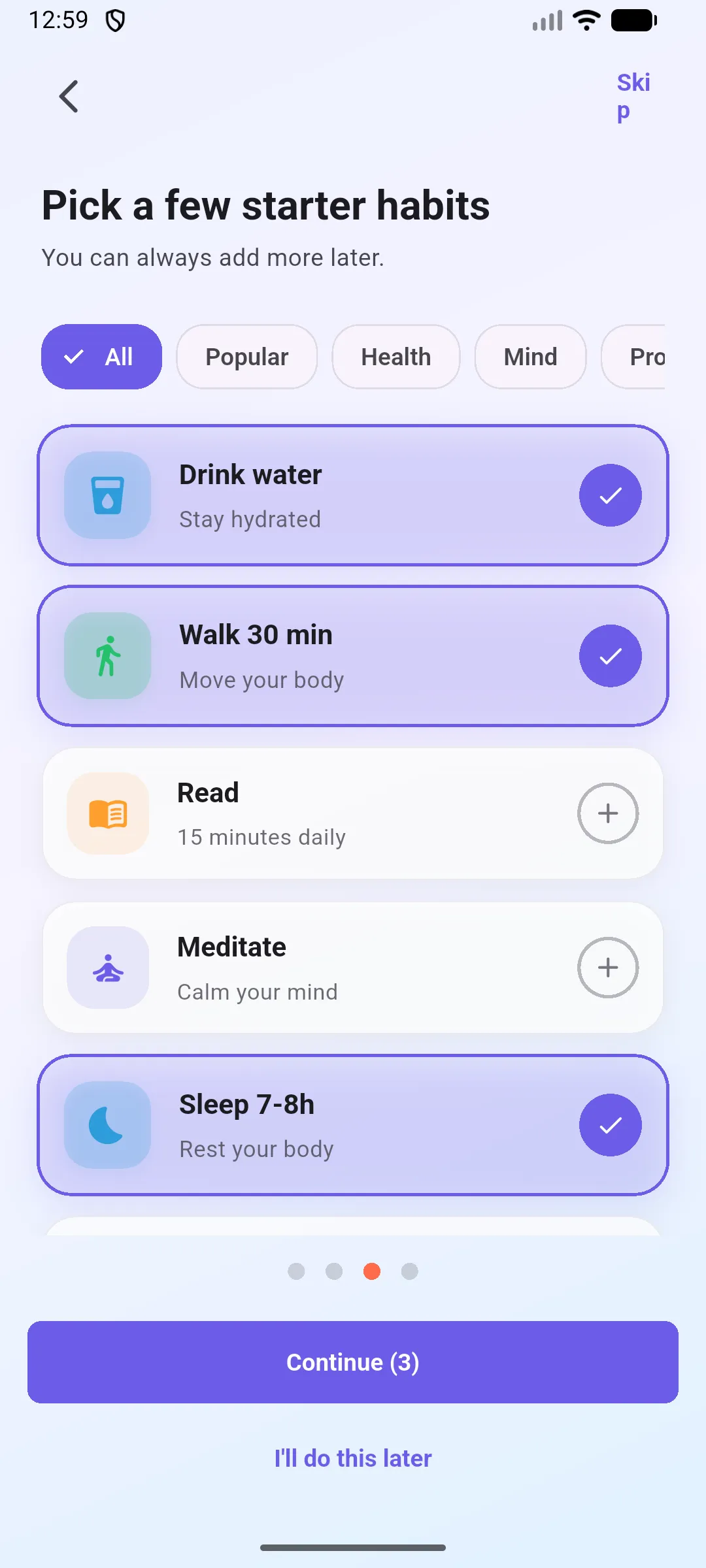 DailyStreak onboarding: picking starter habits
