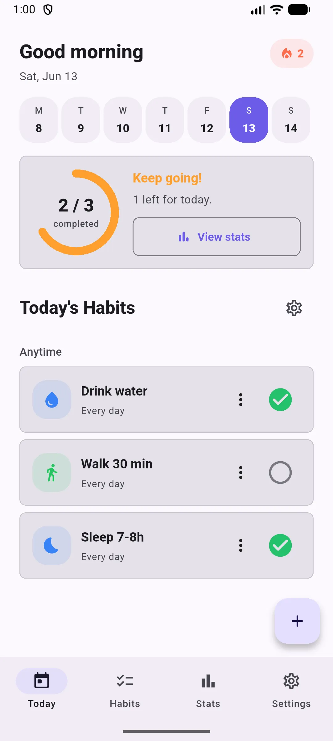 DailyStreak Today dashboard showing daily habits and progress