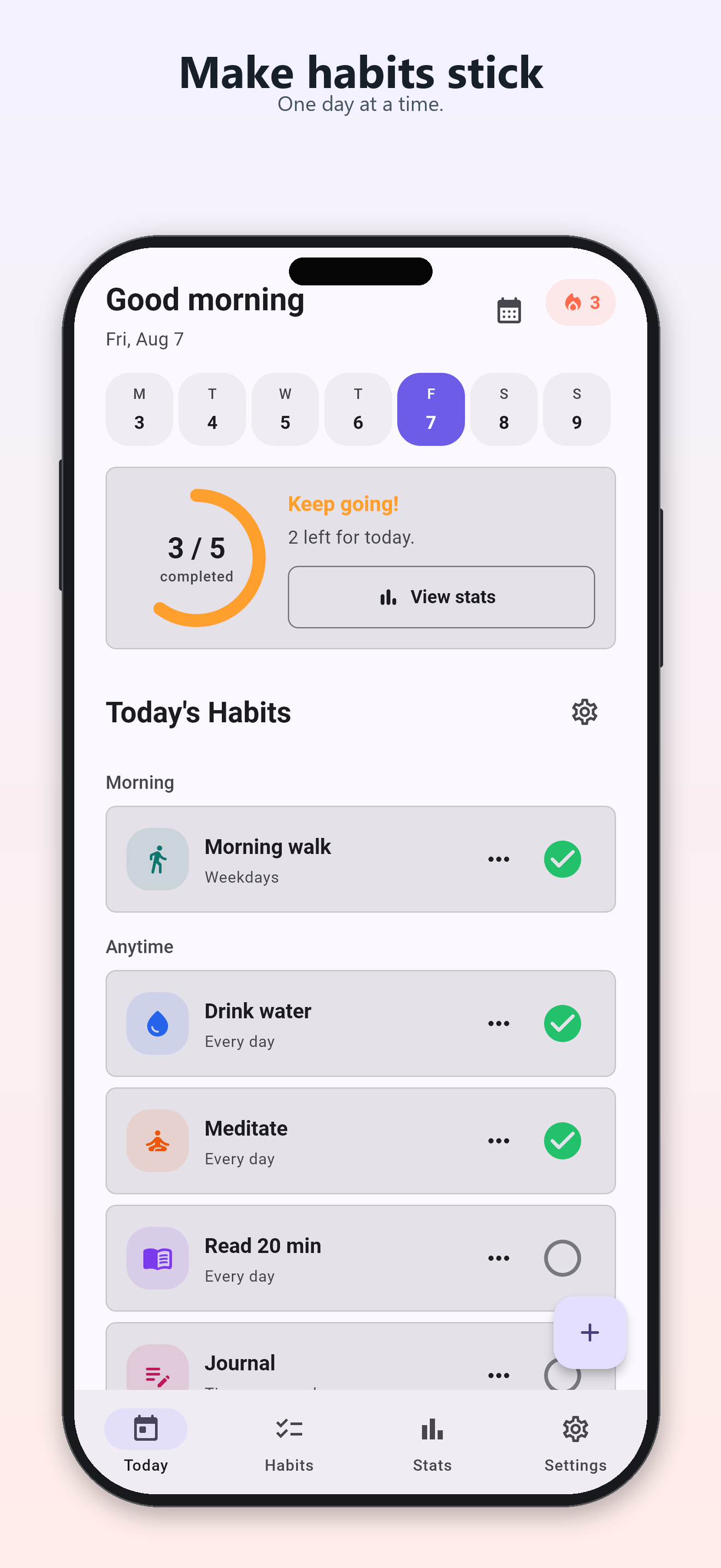 DailyStreak Today screen with five habits and three completed.